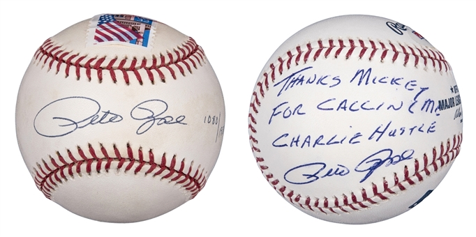 Lot of (2) Pete Rose Autographed and Inscribed Baseballs (PSA/DNA)